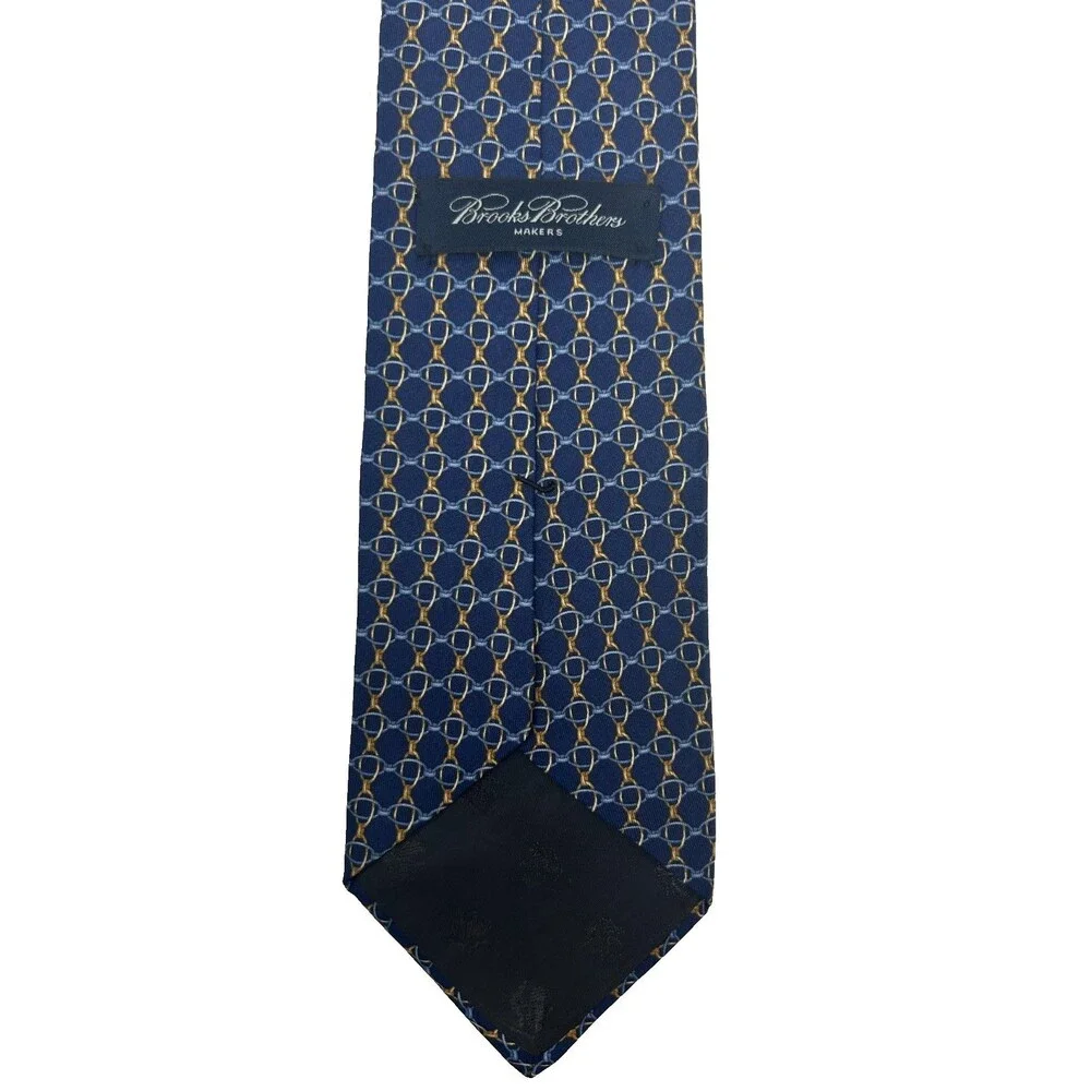 Brooks Brothers Makers Silk Tie Navy Blue Gold Horsebit Equestrian 57.25” x 3.75